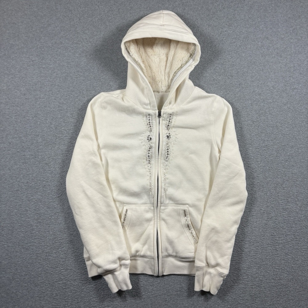 ⁠Vintage Y2K Aeropostale Faux Fur Lined Zip Hoodie Cream Beaded Womens L
